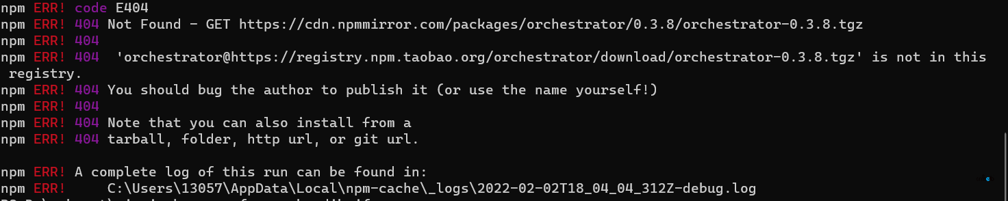 本地运行pc端，npm install 报错 e404 ,请问这个怎么解决啊？？